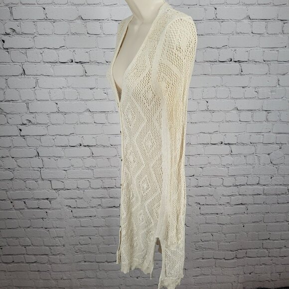 Free People Beige Crochet Sheer Buttoned Long Sleeve Cardigan Sweater Small S - Picture 14 of 15